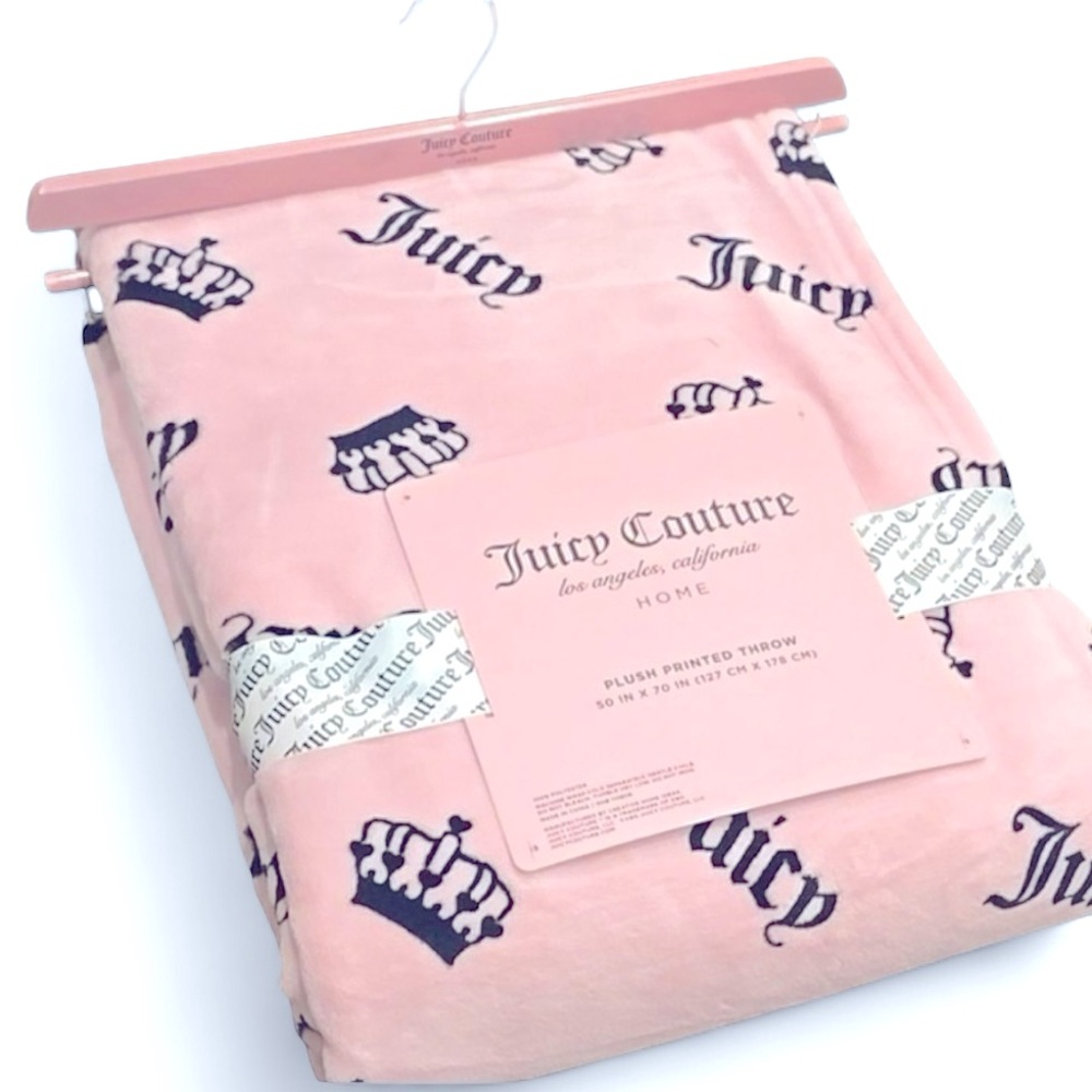 Juicy Couture Pink Juicy Crown Plush Printed Plush Throw Blanket